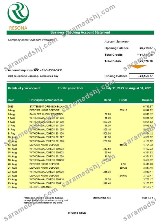 Resona Bank company checking account statement Word and PDF template